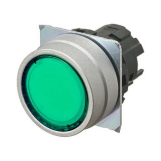 Pushbutton A22NZ 22 dia., bezel brushed metal, flat, momentary, cap color transparent green, lighted