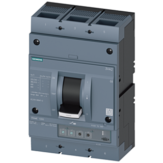 circuit breaker 3VA2 IEC frame 1000 breaking capacity class M Icu=55kA @ 415V 3-pole, line protection ETU350, LSI, In=630A overload protection Ir=2...