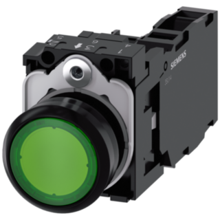 Pushbutton, illuminated, 22 mm, round, plastic, green, 1 NO + 1 NC, 110 V AC