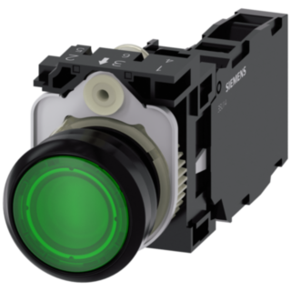 Pushbutton, illuminated, 22 mm, round, plastic, green, 1 NO + 1 NC, 110 V AC
