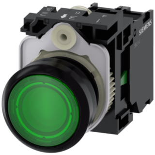 Pushbutton, illuminated, 22 mm, round, plastic, green, 1 NO, 110 V AC