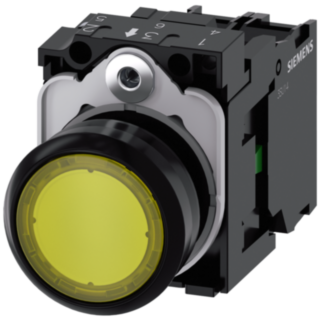 Pushbutton, illuminated, 22 mm, round, plastic, yellow, 1 NO, 110 V AC