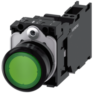 Pushbutton, illuminated, 22 mm, round, plastic, green, 1 NO + 1 NC, 230 V AC