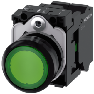 Pushbutton, illuminated, 22 mm, round, plastic, green, 1 NO, 110 V AC