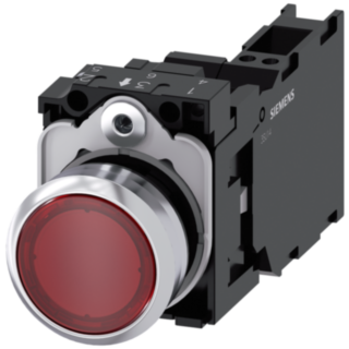 Pushbutton, illuminated, 22 mm, round, metal, high gloss, red, 1 NO + 1 NC