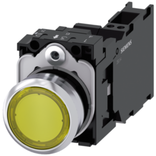 Pushbutton, illuminated, 22 mm, round, metal, high gloss, yellow, button, 1 NO + 1 NC