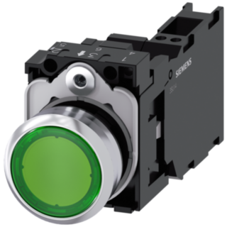 Pushbutton, illuminated, 22 mm, round, metal, high gloss, green, button, 1 NO + 1 NC