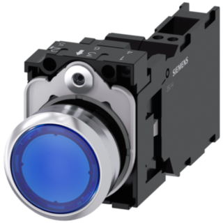 Pushbutton, illuminated, 22 mm, round, metal, high gloss, blue, 1 NO + 1 NC