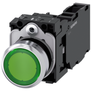 Pushbutton, illuminated, 22 mm, round, metal, high gloss, green, button, 1 NO + 1 NC