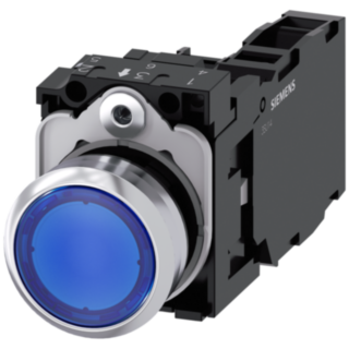 Pushbutton, illuminated, 22 mm, round, metal, high gloss, blue, button, 1 NO + 1 NC