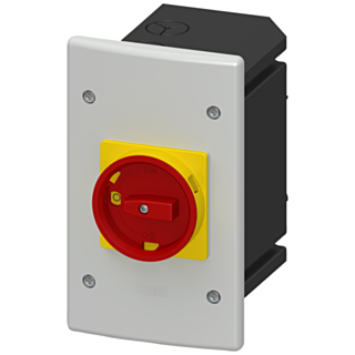 Molded-plastic flush-mounting encl. with EMERGENCY OFF rotary operating mechanism, metr. cable gland