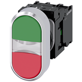 Twin pushbutton, illuminated, 22 mm, round, metal, high gloss, green, red, 1 NO, 1 NC