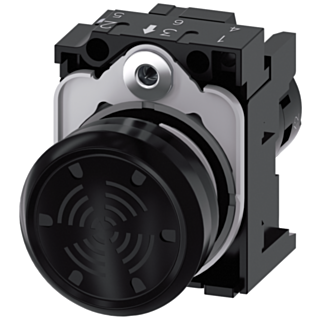 Acoustic signaling device, 22 mm, round, plastic, black, continuous tone 4.5 kHz, 230 V AC