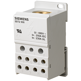 Distribution block 1-pole, 250 A, 690V Input: 1x 35-120 mm2 Output: 2x2.5-25+...